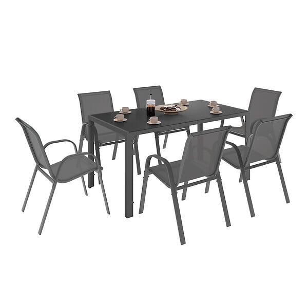 ID MARKET - Salon de jardin MADRID table 150 CM et 6 chaises empilables gris anthracite - large