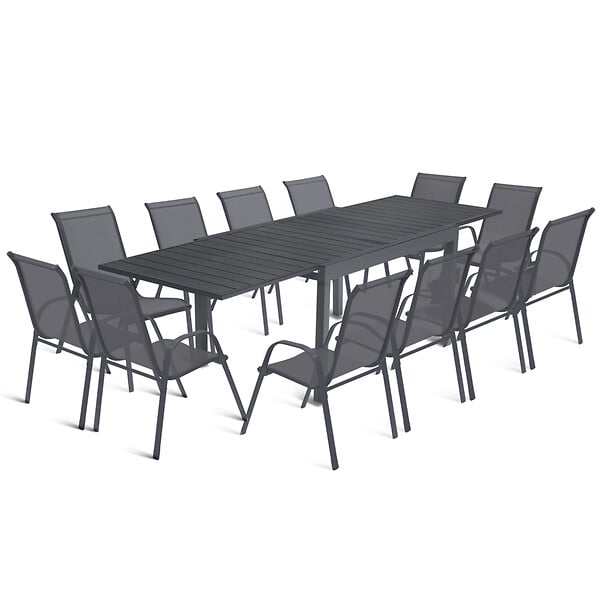 ID MARKET - Salon de jardin POLY table extensible 135-270 CM et 12 chaises gris foncé - large