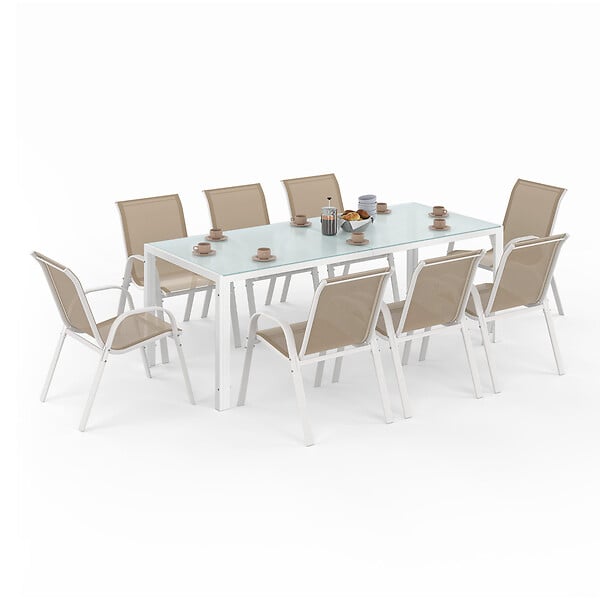 ID MARKET - Salon de jardin MADRID table 190 cm et 8 chaises empilables blanc et beige - large