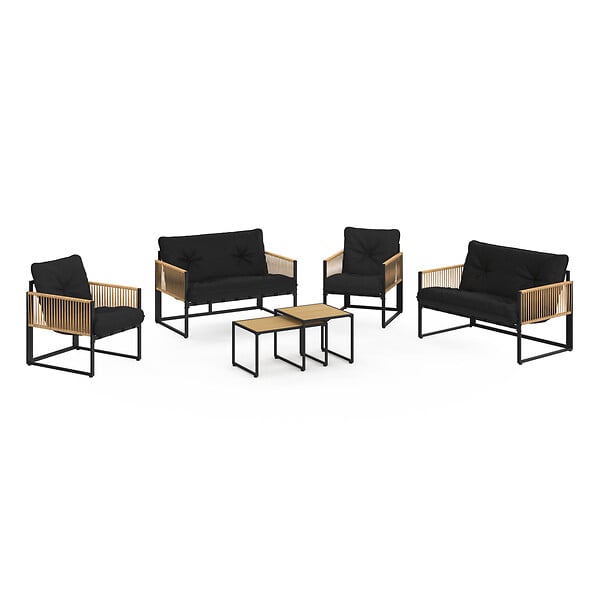 ID MARKET - Salon de jardin bas RIO 6 places structure métal noir, cordage effet rotin clair et coussins noirs - large