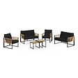 ID MARKET - Salon de jardin bas RIO 6 places structure métal noir, cordage effet rotin clair et coussins noirs - vignette