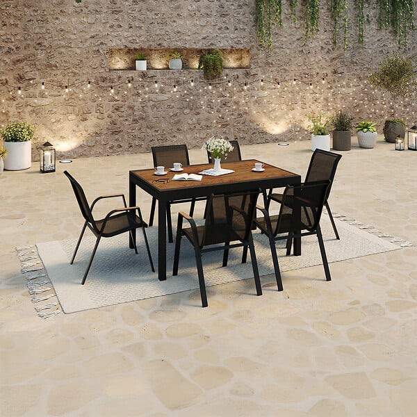 ID MARKET - Salon de jardin NOUMEA table extensible 135/270 CM plateau verre trempé effet bois et 12 chaises empilables noir et bois - large