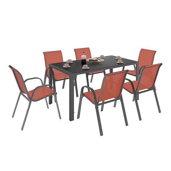 ID MARKET - Salon de jardin MADRID table 150 CM et 6 chaises empilables terracotta - large