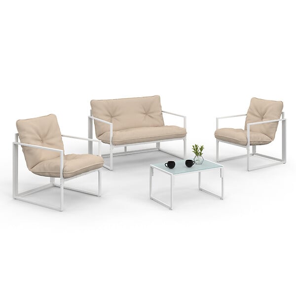 ID MARKET - Salon de jardin bas NAIROBI 4 places en acier blanc et coussins beiges - large