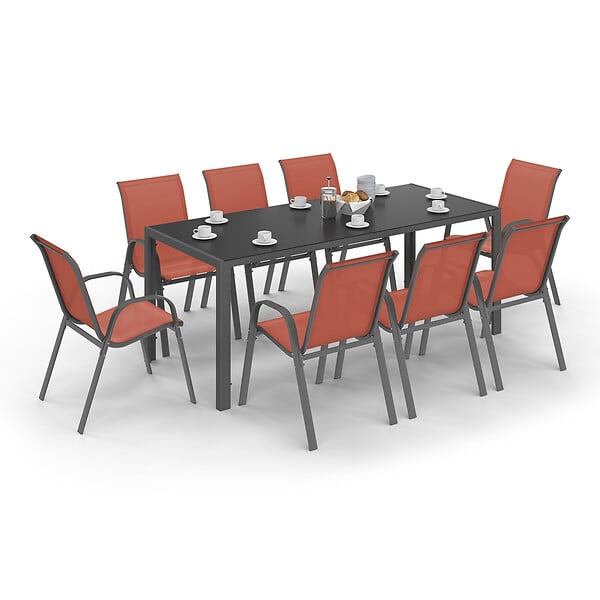 ID MARKET - Salon de jardin MADRID table 190 CM et 8 chaises empilables terracotta - large