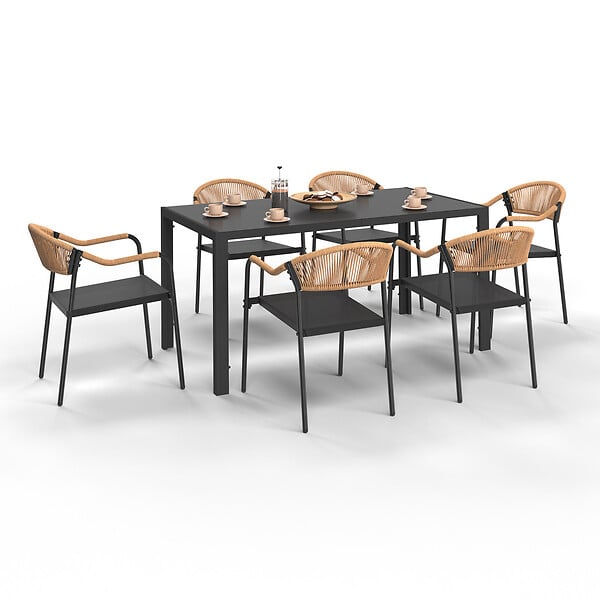 ID MARKET - Salon de jardin MADEIRA table 150 cm et 6 chaises cordage et textilène noir et rotin clair - large