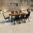 ID MARKET - Salon de jardin NOUMEA table 190 cm plateau verre trempé effet bois et 8 chaises empilables noir et bois - vignette