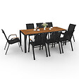 ID MARKET - Salon de jardin NOUMEA table 190 cm plateau verre trempé effet bois et 8 chaises empilables noir et bois - vignette
