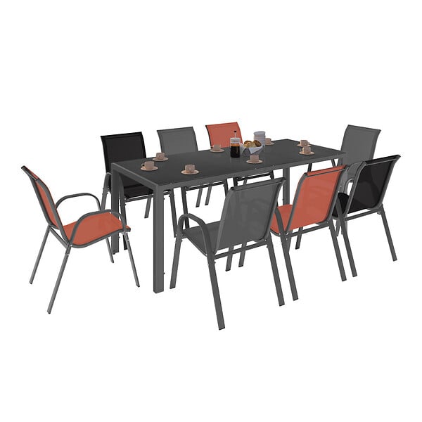 ID MARKET - Salon de jardin MADRID table 190 cm et 8 chaises empilables mix color gris, noir et terracotta - large