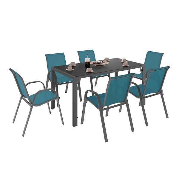 ID MARKET - Salon de jardin MADRID table 150 CM et 6 chaises empilables bleu canard - large