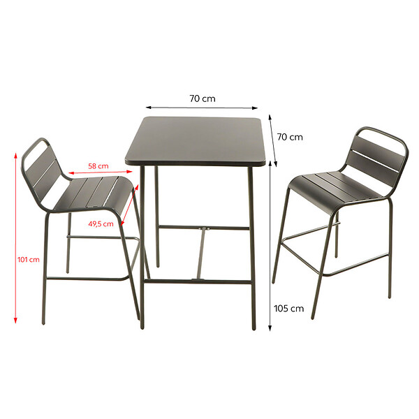 CONCEPT USINE - Ensemble table de bar et 2 chaises hautes d'extérieur gris foncé BERGAME - large