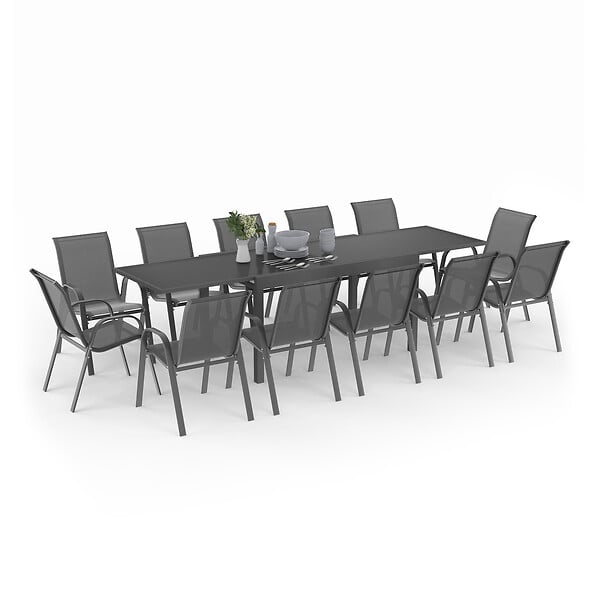 ID MARKET - Salon de jardin MADRID table extensible plateau gris 135-270 CM et 12 chaises empilables gris anthracite - large