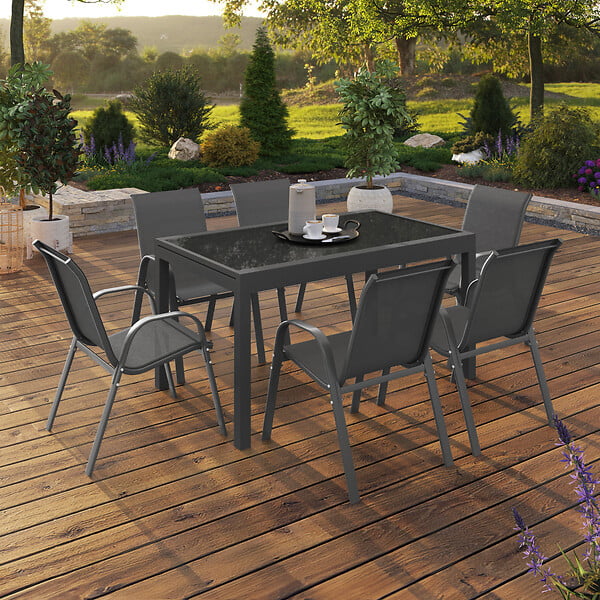 ID MARKET - Salon de jardin MADRID table extensible plateau gris 135-270 CM et 12 chaises empilables gris anthracite - large