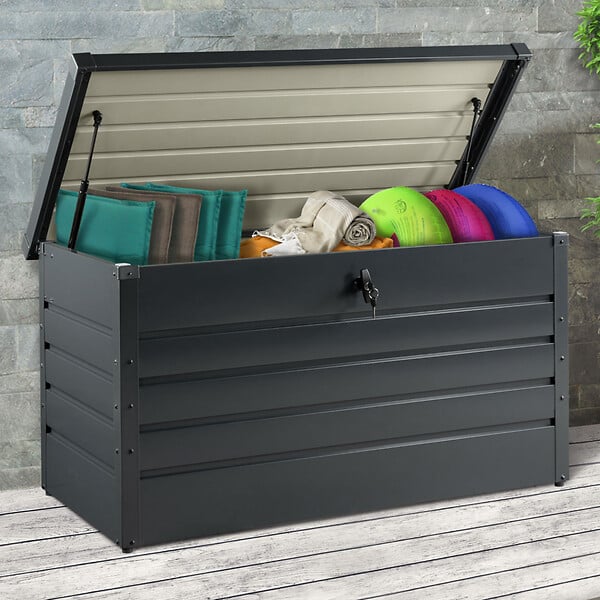 ID MARKET - Coffre de rangement métal verrouillable gris anthracite pour jardin 350L 120x62,5x63 cm - large