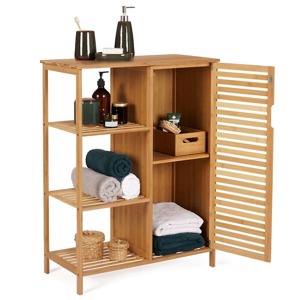 ID MARKET - Meuble de rangement salle de bain bambou BEA 3 étagères avec placard - large
