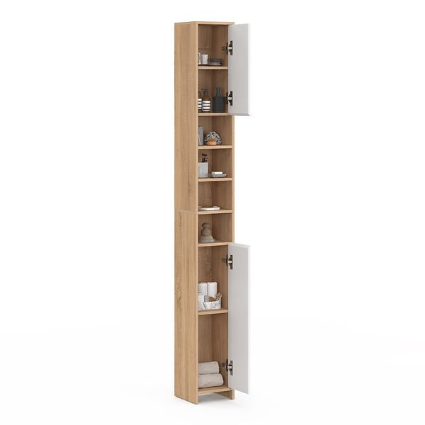 ID MARKET - Meuble colonne salle de bain TOMI 2 portes 4 niches façon hêtre et blanc - large