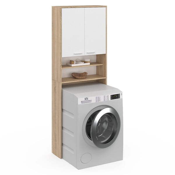 ID MARKET - Meuble étagères de rangement dessus machine à laver et WC WALLIS blanc et hêtre - large