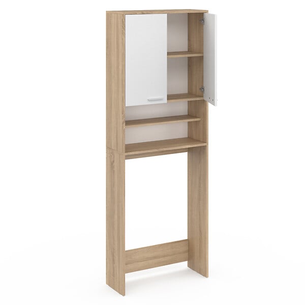 ID MARKET - Meuble étagères de rangement dessus machine à laver et WC WALLIS blanc et hêtre - large