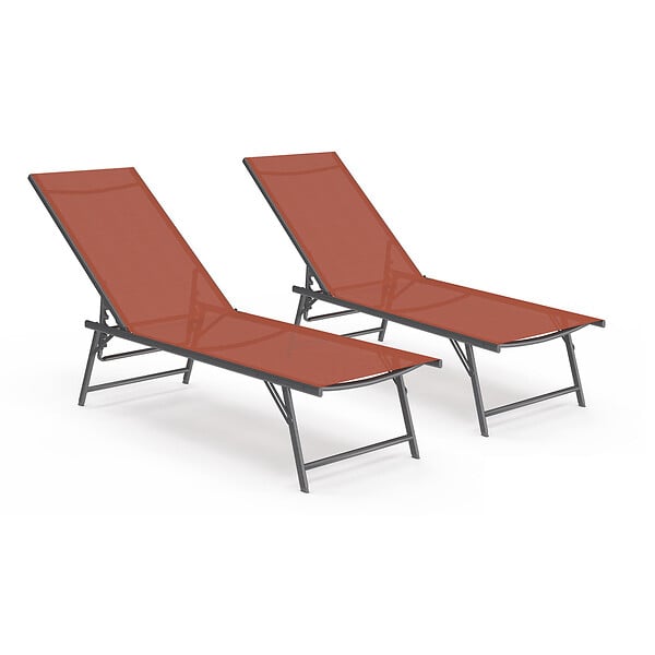 ID MARKET - Lot de 2 transats de jardin inclinables KAILUA en acier gris anthracite et toile terracotta - large