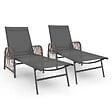 ID MARKET - Lot de 2 transats de jardin inclinables RIO en acier gris anthracite, cordage effet rotin avec accoudoirs et toile grise - vignette