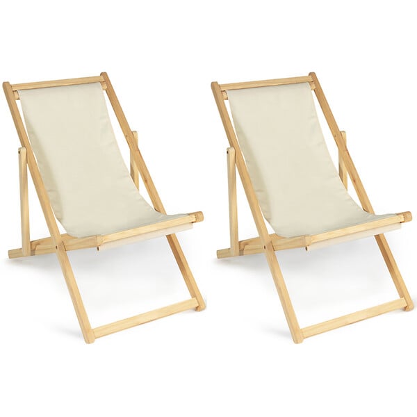ID MARKET - Lot de 2 chaises longues pliantes chilienne bois toile écrue - large
