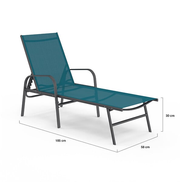 ID MARKET - Lot de 2 transats de jardin inclinables FIDJI en acier gris anthracite et toile bleu canard - large