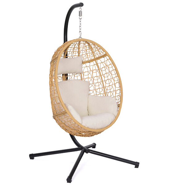 ID MARKET - Fauteuil oeuf suspendu ajouré effet rotin avec coussin écru - large