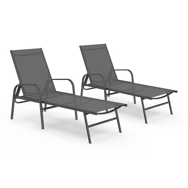 ID MARKET - Lot de 2 transats de jardin inclinables FIDJI en acier gris anthracite et toile grise - large