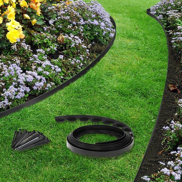 ID MARKET - Bordurette de jardin flexible 10 M noire hauteur 5 CM + 30 piquets - large