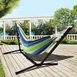 ID MARKET - Hamac avec support métal noir et toile rayée bleue et verte - vignette