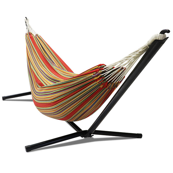 ID MARKET - Hamac avec support métal noir et toile rayée rouge et jaune - large