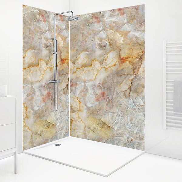 99DECO - Lot de 2 panneaux de douche en aluminium (90x220 & 120x220 cm) + profilés blanc - Gémologie - Effet pierre marbrée - Beige et gris - large