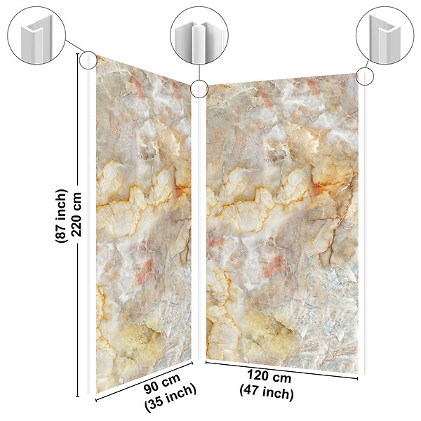 99DECO - Lot de 2 panneaux de douche en aluminium (90x220 & 120x220 cm) + profilés blanc - Gémologie - Effet pierre marbrée - Beige et gris - large