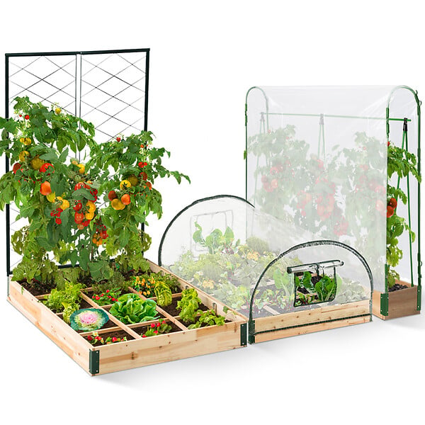 ID MARKET - Kit complet 3 bacs modulables carrés potager et serre à tomates + treillis + housse - large