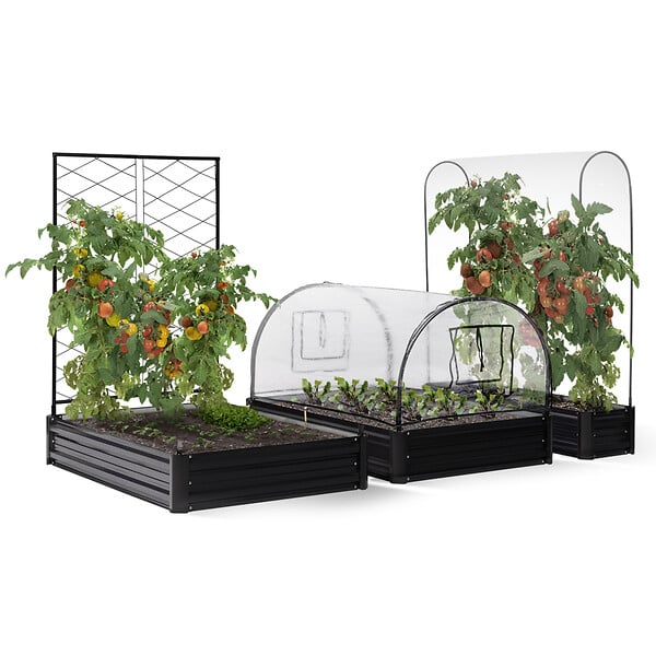 ID MARKET - Kit complet 3 bacs métal modulables carrés potager et serre à tomates + treillis + housse - large