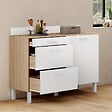ID MARKET - Buffet bas de cuisine 120 cm casserolier CINA plan de travail H.83 cm 1 porte + 3 tiroirs façon hêtre et blanc - vignette