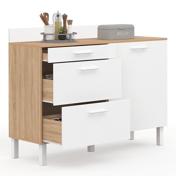 ID MARKET - Buffet bas de cuisine 120 cm casserolier CINA plan de travail H.83 cm 1 porte + 3 tiroirs façon hêtre et blanc - large