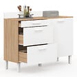 ID MARKET - Buffet bas de cuisine 120 cm casserolier CINA plan de travail H.83 cm 1 porte + 3 tiroirs façon hêtre et blanc - vignette
