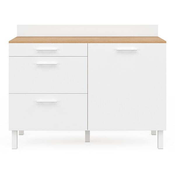ID MARKET - Buffet bas de cuisine 120 cm casserolier CINA plan de travail H.83 cm 1 porte + 3 tiroirs façon hêtre et blanc - large
