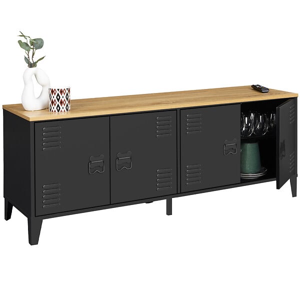 ID MARKET - Buffet bas 140 cm ESTER 4 portes métal noir et plateau bois design industriel - large