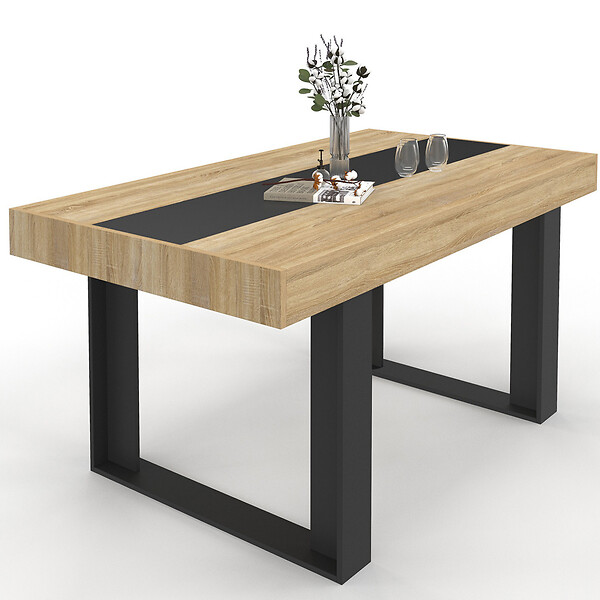 ID MARKET - Table à manger rectangle PHOENIX 6 personnes bois et noir bande centrale noire 160 cm - large
