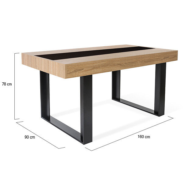 ID MARKET - Table à manger rectangle PHOENIX 6 personnes bois et noir bande centrale noire 160 cm - large
