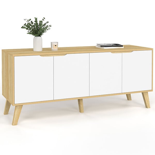 ID MARKET - Buffet bas scandinave 140 cm FINN  4 portes blanc et bois façon hêtre - large