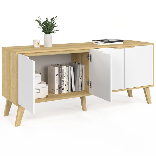ID MARKET - Buffet bas scandinave 140 cm FINN  4 portes blanc et bois façon hêtre - large