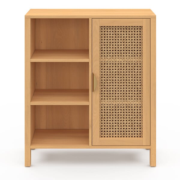 ID MARKET - Buffet d'appoint 3 étagères et placard 70 cm EDHEN bois et cannage - large