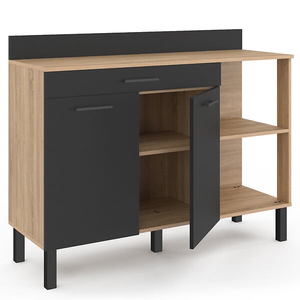 ID MARKET - Buffet bas de cuisine 120 CM CINA plan de travail H.83 cm 2 portes + tiroir façon hêtre et noir - large