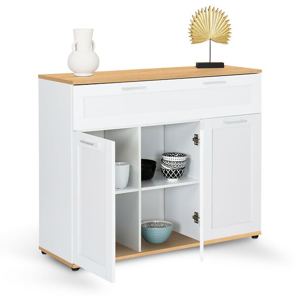 ID MARKET - Buffet 100 cm VITO 3 portes et 1 tiroir blanc et plateau bois - large