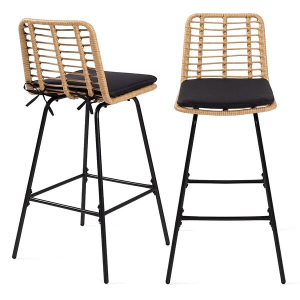 ID MARKET - Lot de 2 tabourets de bar SUMMER effet rotin pied métal noir - large