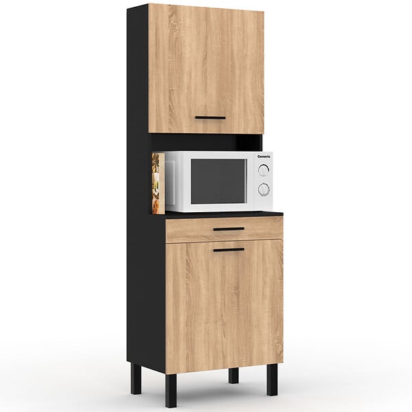 ID MARKET - Buffet de cuisine 60 CM CINA 2 portes + tiroir noir et façon hêtre - large