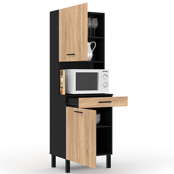 ID MARKET - Buffet de cuisine 60 CM CINA 2 portes + tiroir noir et façon hêtre - large